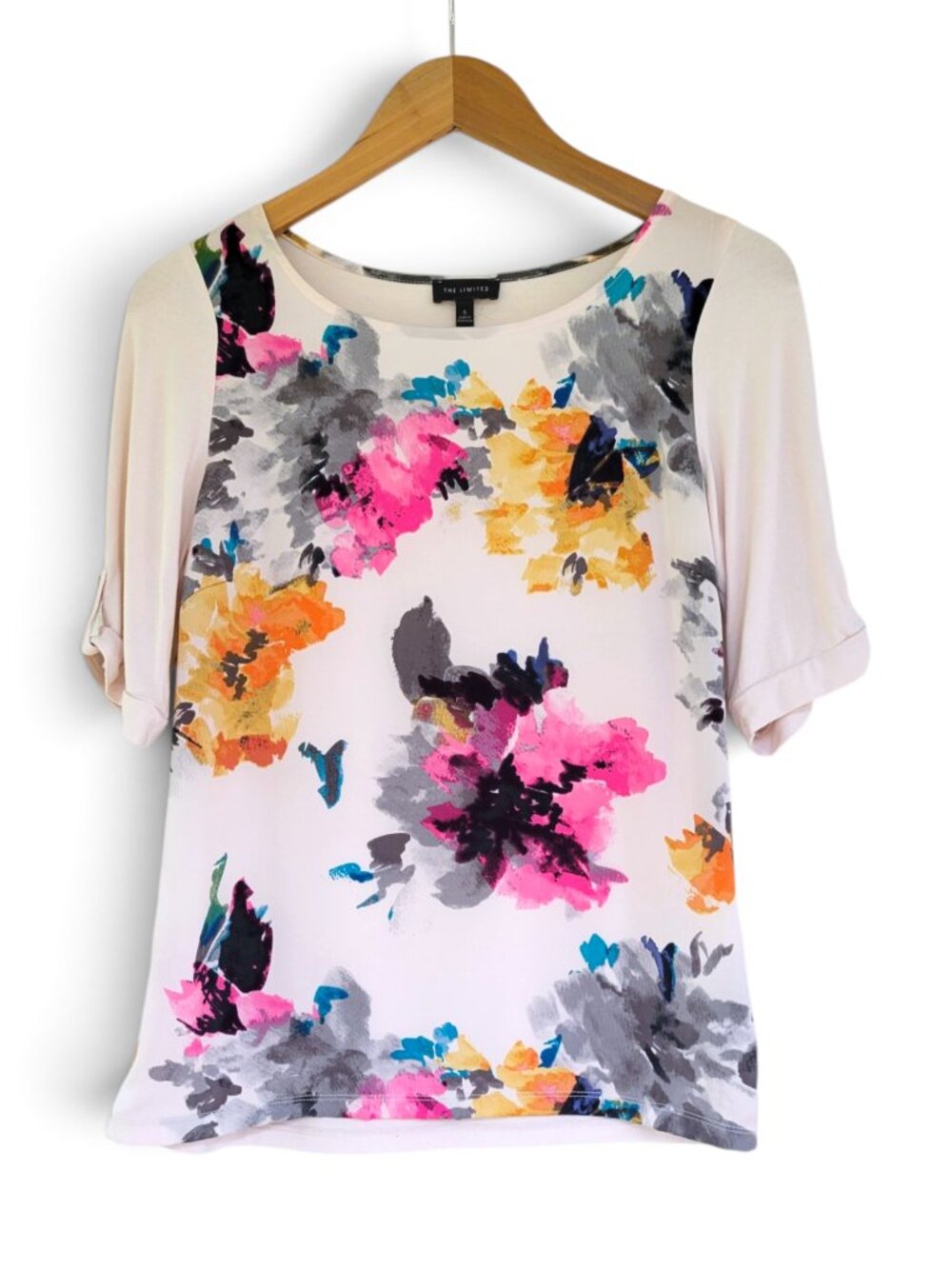 The Limited Vibrant Watercolor Floral Short Button Tab Sleeve Top in White